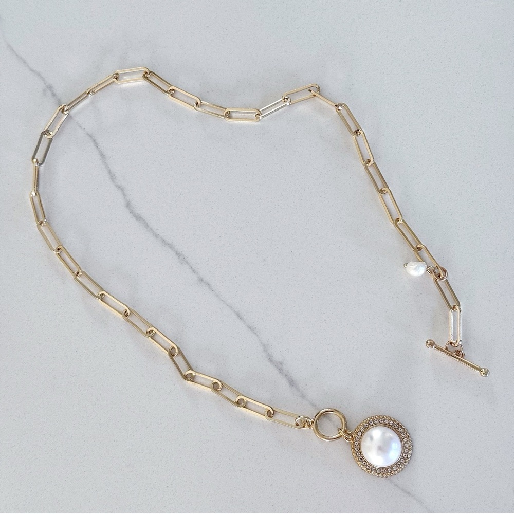 Gold Layered Necklace Multilaye Chunky layered Pearl Paperclip Chain Nec… - Picture 4 of 11